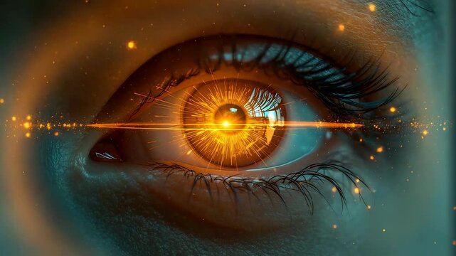 Human eye with glowing orange light reflection and digital particles showing advanced vision technology and cyber intelligence concept