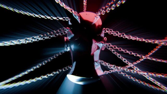 Abstract digital art featuring a metallic human head or bust, bound by numerous chains, with powerful light rays radiating outwards against a dark background in Seamless Loop