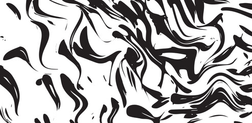 A dynamic black and white abstract pattern features bold, swirling shapes and lines, creating a fluid, marbled effect that evokes a sense of motion and organic design