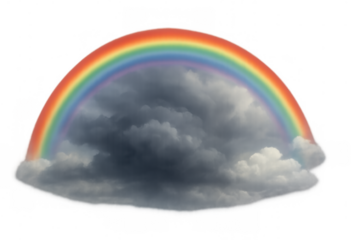 Rainbow arching over dark storm clouds, symbolizing hope, contrast, change, and overcoming adversity on transparent background