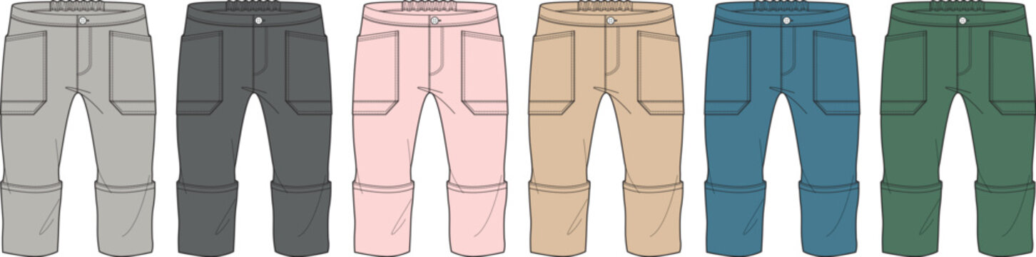 A set of children's cargo pants flat sketches in a palette of six different colors. Technical fashion illustration for apparel design and clothing manufacturing