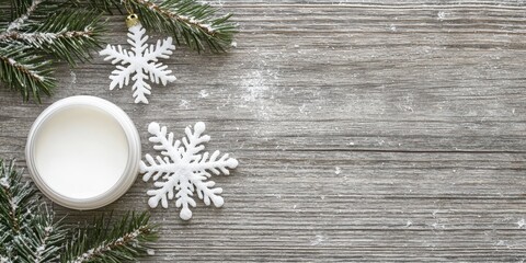 Fototapeta premium A winter-themed flat lay featuring a jar, snowflakes, and pine branches on a rustic wooden surface.