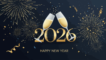 Happy New Year 2026 celebration with golden fireworks, confetti, and champagne glasses clinking on a dark background, symbolizing festivity.