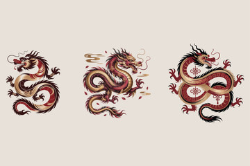 Chinese dragon and tribal tattoo design vector illustration art