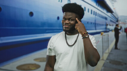 Man with finger to temple, wearing beaded necklace and white t shirt at street beside large ship...