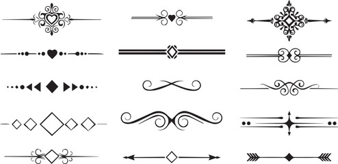 Large set of vintage ornamental divider lines and page text decorations isolated on white background