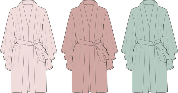 Vector illustration set of women's bathrobes with tie belts and wide sleeves. Fashion technical flat sketch template in multiple colors