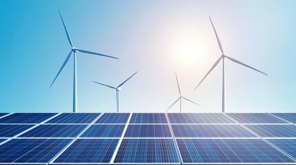 Renewable Hybrid Energy System with Solar Panels and Wind Turbines under Clear Blue Sky.