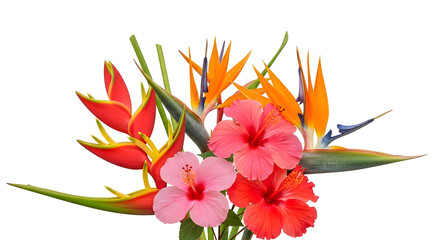 Exotic tropical bird of paradise and hibiscus flowers arrangement