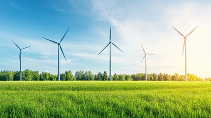 Modern Wind Turbines in Green Field under Clear Blue Sky Generating Renewable Energy.