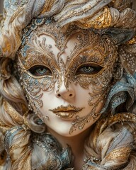 Close-up portrait of woman wearing ornate Venetian mask with gold and silver details.