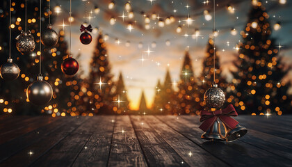 Festive Christmas scene with glowing fairy lights, decorated pine trees, and hanging ornaments on a rustic wooden surface, creating a warm and magical holiday atmosphere.