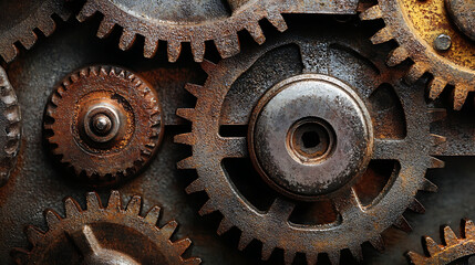 A man is sitting on a ladder and looking at a laptop. A woman is sitting on a stool and looking at a laptop. A third person is standing and looking at a laptop. There are several gears