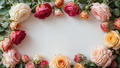 Top view floral frame of mixed roses on white table