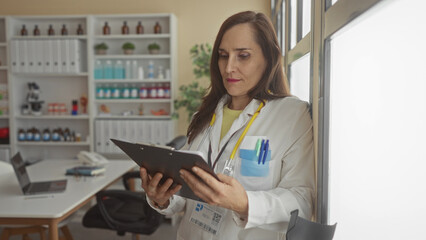 Hispanic woman doctor in uniform with stethoscope reviews notes on a clipboard in a bright hospital...