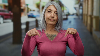 Senior woman with gray hair in pink shirt stands on urban street with blurred buildings; street...