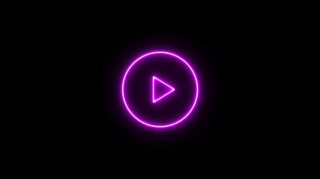 Neon play button icon purplecolor 4k video animation. Neon play button neon circle 4k video animation.Glowing a play button multimedia on black background. Play right triangle arrow start button.