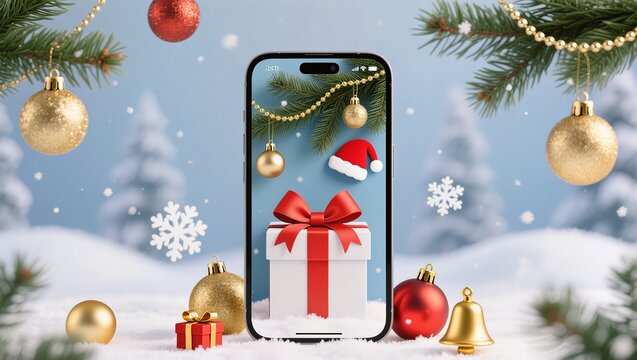Smartphone with Christmas Gift and Decorations in Winter Wonderland