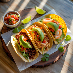 Assortment of flavorful  keto tacos with various fillings including seasoned ground beef, shredded chicken, and shrimp, garnished with avocado and cilantro