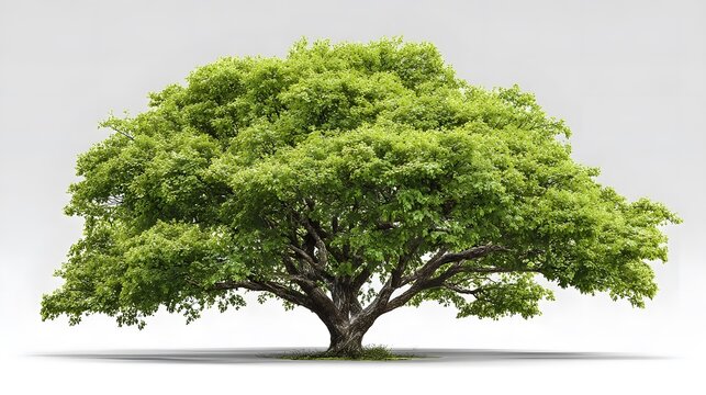 Magnificent mature tree with vibrant green leaves against a plain background