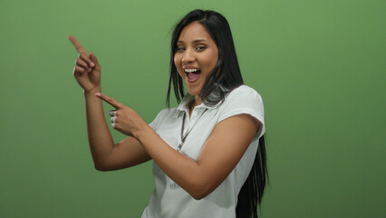 Woman smiling and pointing sideways wearing a white shirt with a badge against a green wall, exuding a friendly and inviting atmosphere.