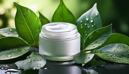 natural cosmetic cream jar surrounded by leaves and water droplets on fresh background