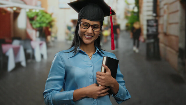 Hispanic woman in graduation attire happily holds a book on a lively restaurant terrace, expressing success and joy in an outdoor street environment.