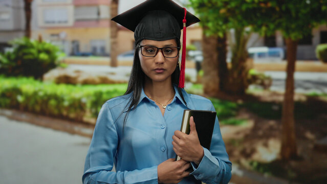 Young woman wearing a graduation cap and glasses in a park, holding a book confidently, showcasing a blend of achievement and contemplation in an outdoor setting. - Powered by Adobe