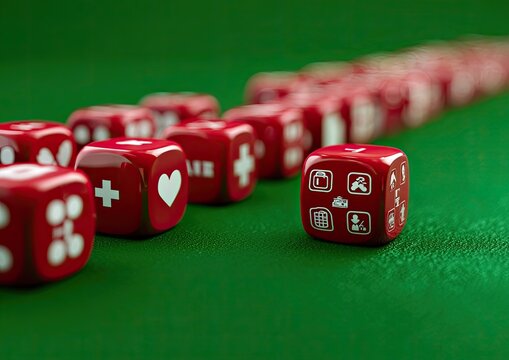 Red dice with medical and health icons on a green surface