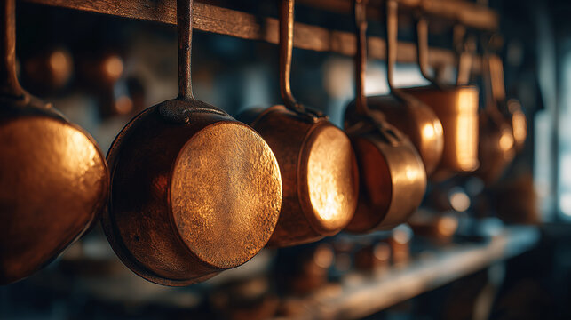 A versatile stock image showing beautifully organized pot rack in a distressed wood kitchen: essential cooking tools and baking essentials arranged on a worn table - ideal for cooking enthusiasts. - Powered by Adobe