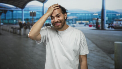 Man with hand to forehead laughing and smiling at airport terminal outdoors, wearing white t shirt and casual posture; amusement travel mishap.