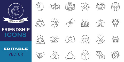 Friendship line icon set collection. Contains such symbols as cheers, postcard, video call, relations, partner, handshake, people, leadership, human, friends, community and more. Editable stroke.