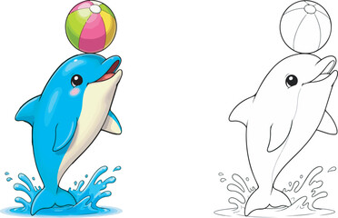 Cute cartoon dolphin jumping and balancing beach ball isolated on white background
