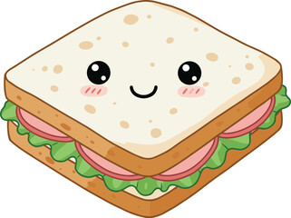 Cute cartoon sandwich, kawaii food illustration, smiling bread character, adorable lunch clipart, happy snack design, kids menu, vector art