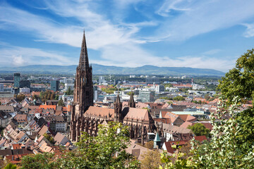 Panoramic view of Freiburg with the famous M&uuml;nster church visible from a mountain, surrounded by rooftops, forest, and clear summer light.