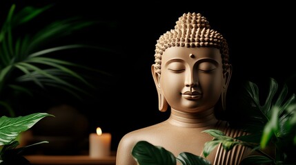 Buddha statue illuminated by soft, warm light.