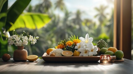 family's prayer altar for Ugadi with flowers and fruits.