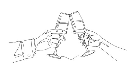 One line continuous drawing of two hands toasting with champagne glasses, vector eps