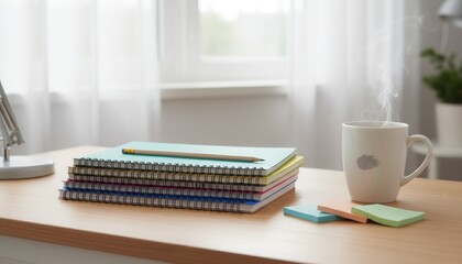A stack of colorful notebooks with a pencil on a desk next to a steaming mug. Work from home, study, and education concept. Bright home office background with copy space