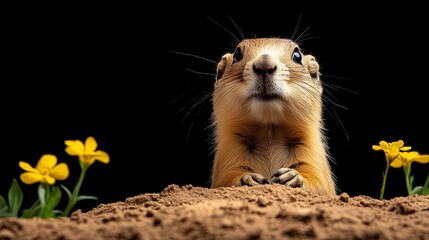 Groundhog emerging from burrow, with warm morning light highlighting moment.
