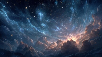 Stunning cosmic view of swirling clouds and bright stars in a deep blue night sky