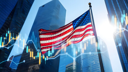 American flag waving in front of modern cityscape with financial data overlays