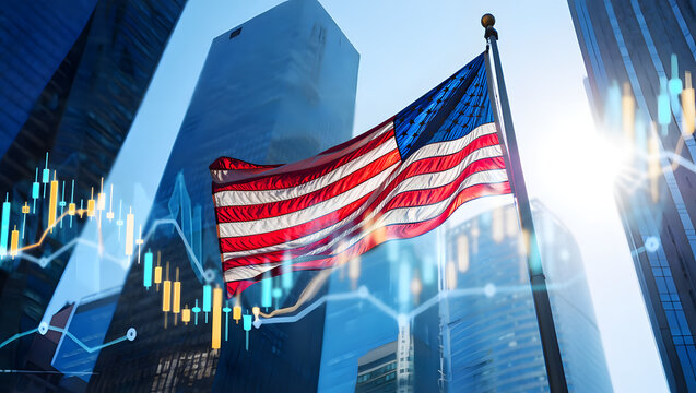 American flag waving in front of modern cityscape with financial data overlays