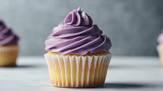 Delicious cupcakes with purple frosting on a light background. The cupcakes are arranged in a row, showcasing their fluffy texture and vibrant color.