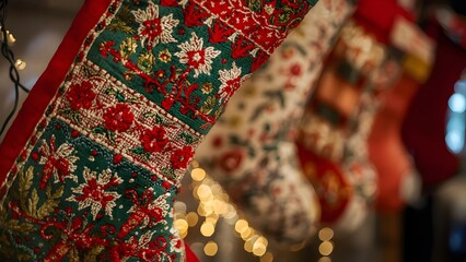 Festive display of decorative Christmas stockings hung with bokeh lights
