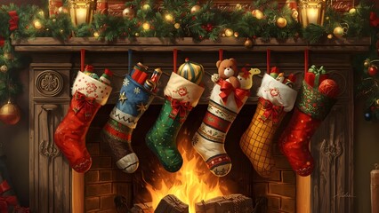 Festive fireplace adorned with colorful Christmas stockings and twinkling lights