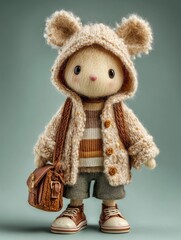 Adorable teddy bear character dressed in a cozy outfit with a bag in a soft, light background