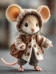 Cute mouse character dressed in a knitted outfit with a backpack in a cozy setting