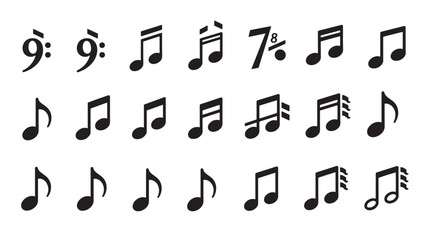 Collection of various musical notes in black isolated on transparent background silhouette