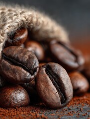 Freshly roasted coffee beans spilling from a rustic burlap bag on a wooden surface